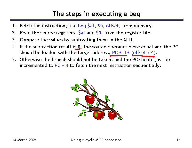 The steps in executing a beq 1. 2. 3. 4. Fetch the instruction, like