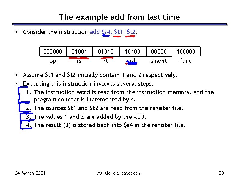 The example add from last time Consider the instruction add $s 4, $t 1,