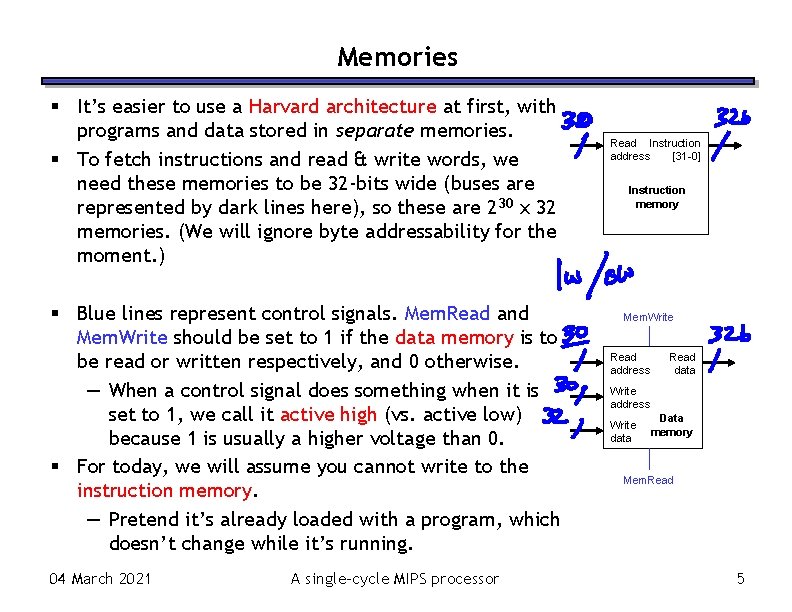 Memories It’s easier to use a Harvard architecture at first, with programs and data