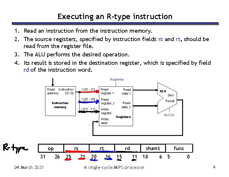 Executing an R-type instruction 1. Read an instruction from the instruction memory. 2. The