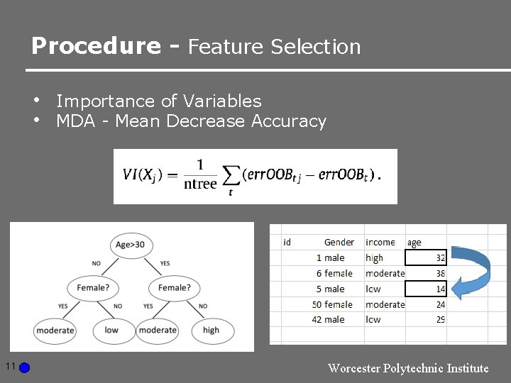 Procedure - Feature Selection • • 11 Importance of Variables MDA - Mean Decrease Procedure - Feature Selection • • 11 Importance of Variables MDA - Mean Decrease