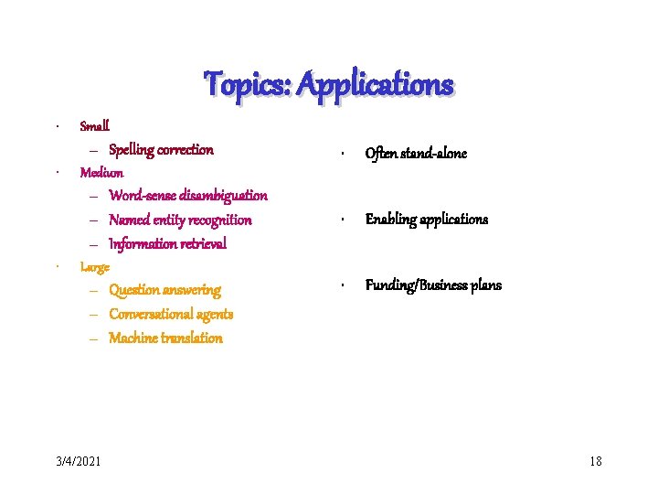 Topics: Applications • Small – Spelling correction • Often stand-alone • Enabling applications •