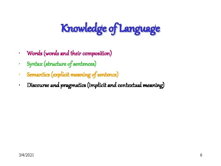 Knowledge of Language • • Words (words and their composition) Syntax (structure of sentences)