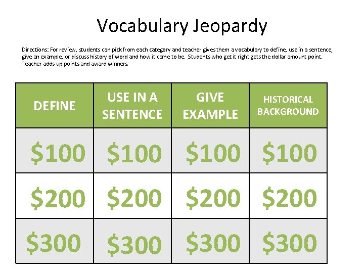 Vocabulary Jeopardy Directions: For review, students can pick from each category and teacher gives