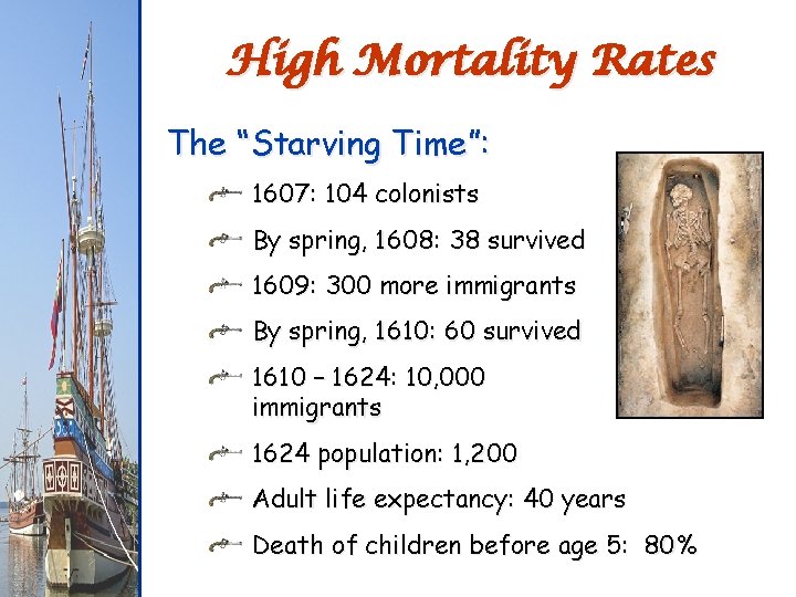 High Mortality Rates The “Starving Time”: 1607: 104 colonists By spring, 1608: 38 survived