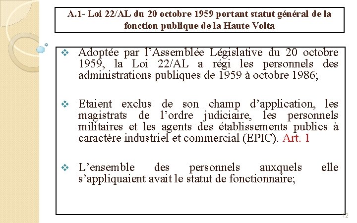 A. 1 - Loi 22/AL du 20 octobre 1959 portant statut général de la