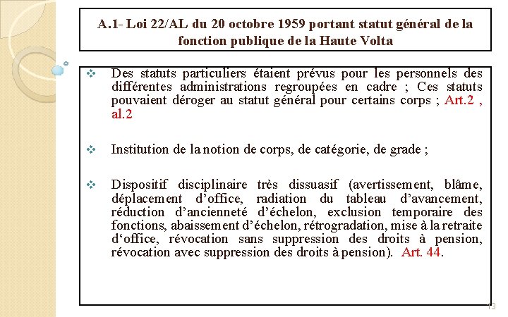 A. 1 - Loi 22/AL du 20 octobre 1959 portant statut général de la