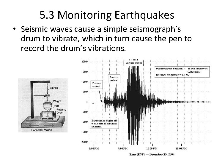 5. 3 Monitoring Earthquakes • Seismic waves cause a simple seismograph’s drum to vibrate, 5. 3 Monitoring Earthquakes • Seismic waves cause a simple seismograph’s drum to vibrate,