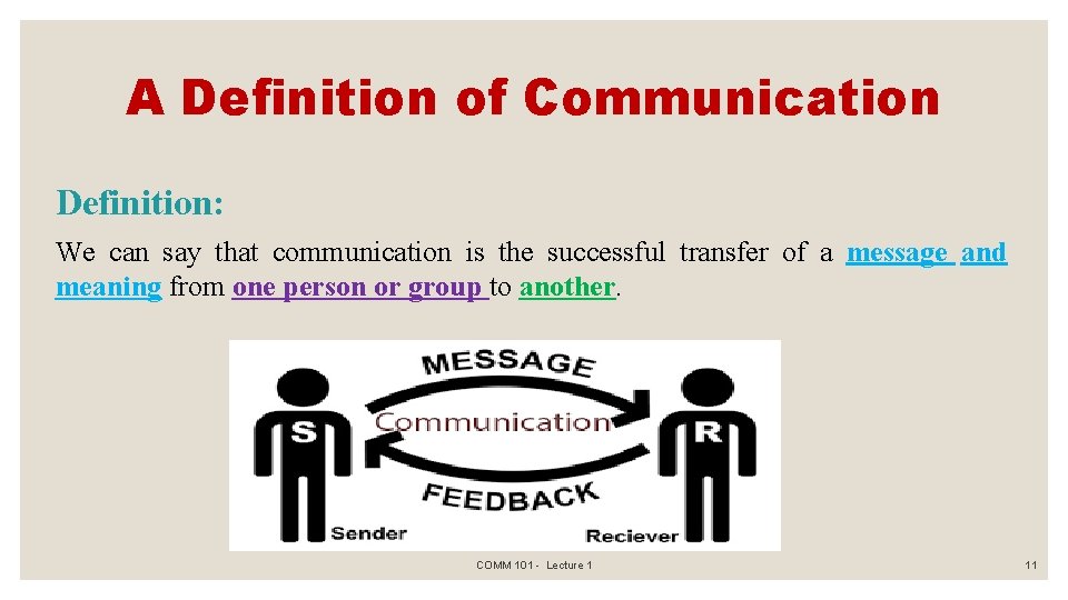 A Definition of Communication Definition: We can say that communication is the successful transfer