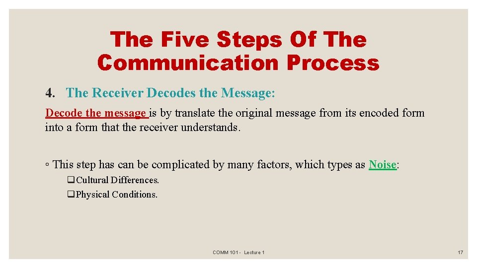 The Five Steps Of The Communication Process 4. The Receiver Decodes the Message: Decode
