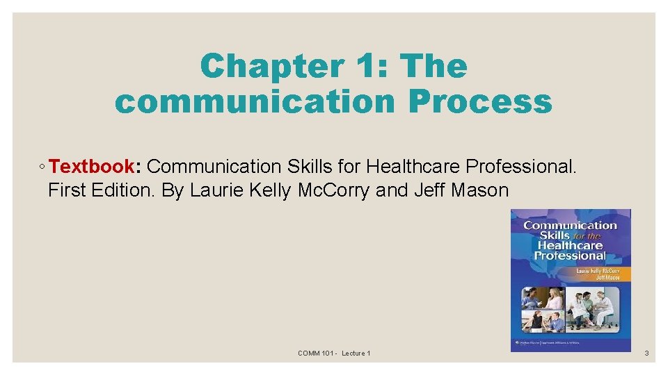 Chapter 1: The communication Process ◦ Textbook: Communication Skills for Healthcare Professional. First Edition.
