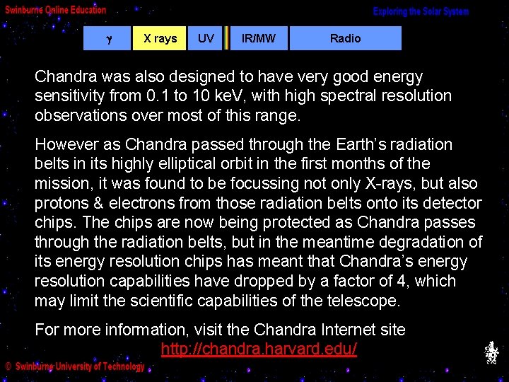  X rays UV IR/MW Radio Chandra was also designed to have very good