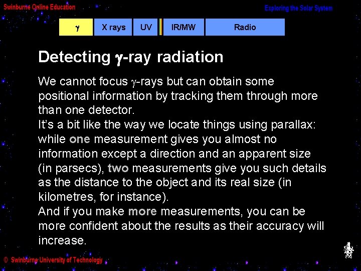  X rays UV IR/MW Radio Detecting -ray radiation We cannot focus -rays but