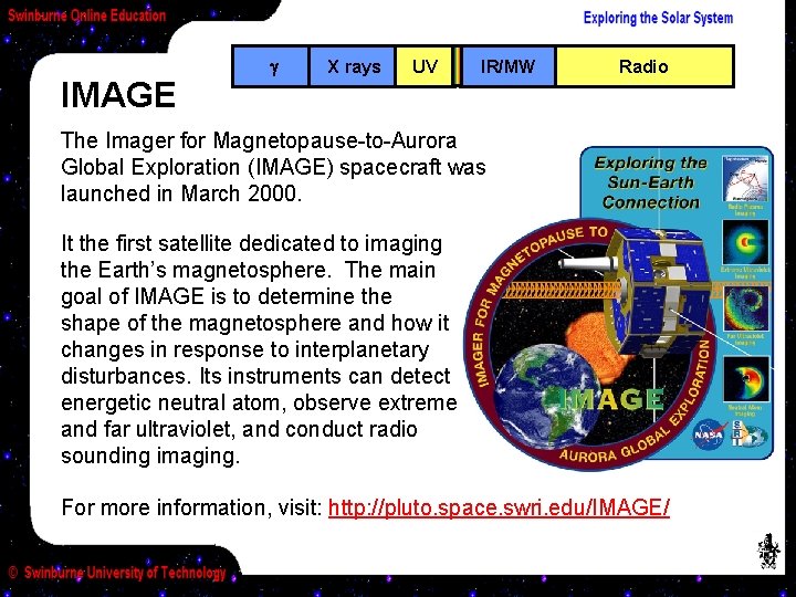 IMAGE X rays UV IR/MW Radio The Imager for Magnetopause-to-Aurora Global Exploration (IMAGE) spacecraft