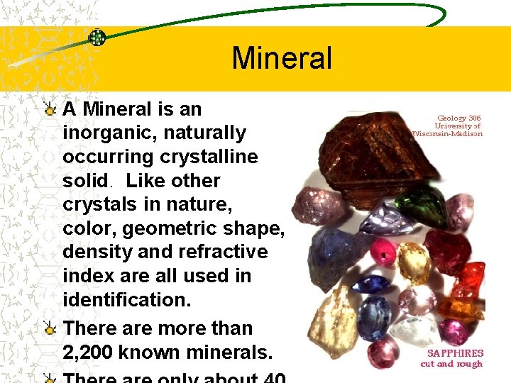 Mineral A Mineral is an inorganic, naturally occurring crystalline solid. Like other crystals in