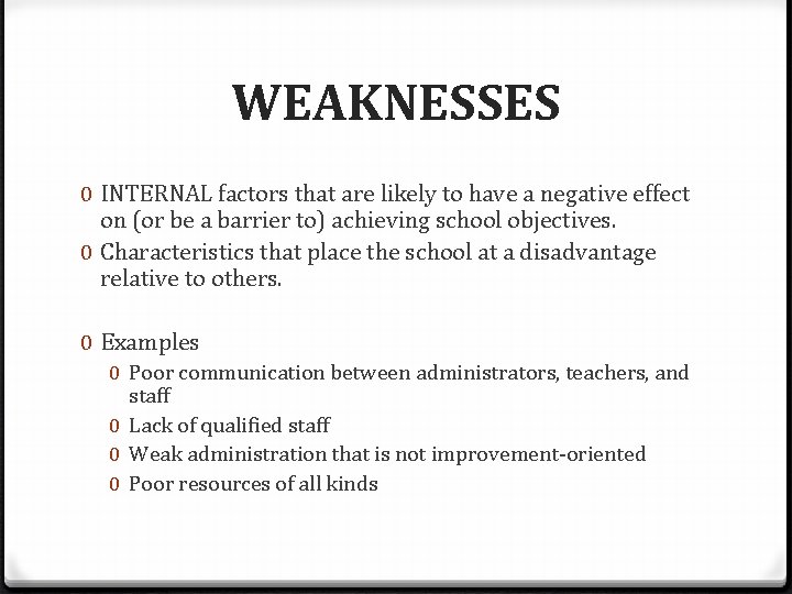 WEAKNESSES 0 INTERNAL factors that are likely to have a negative effect on (or