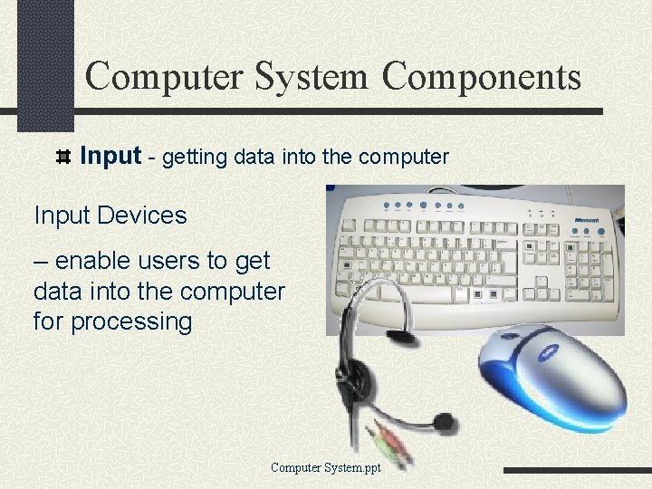 Computer System Components Input - getting data into the computer Input Devices – enable
