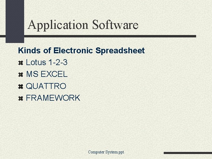 Application Software Kinds of Electronic Spreadsheet Lotus 1 -2 -3 MS EXCEL QUATTRO FRAMEWORK