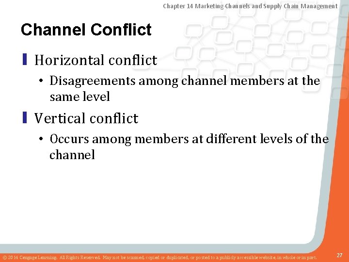 Chapter 14 Marketing Channels and Supply Chain Management Channel Conflict ▮ Horizontal conflict •