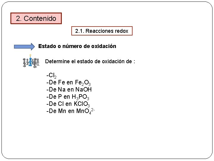 2. Contenido 2. 1. Reacciones redox Estado o número de oxidación Determine el estado