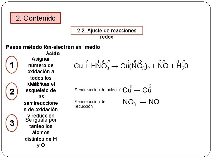 2. Contenido 2. 2. Ajuste de reacciones redox Pasos método ión-electrón en medio ácido