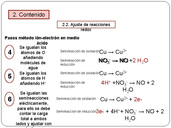 2. Contenido 2. 2. Ajuste de reacciones redox Pasos método ión-electrón en medio ácido