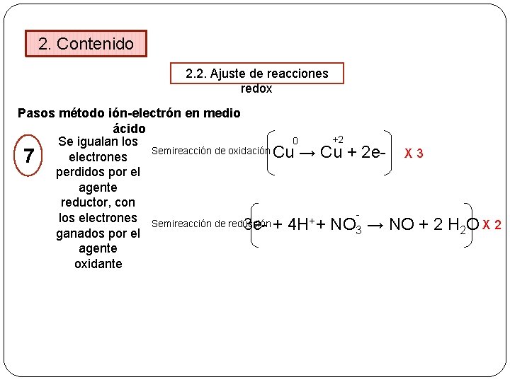 2. Contenido 2. 2. Ajuste de reacciones redox Pasos método ión-electrón en medio ácido