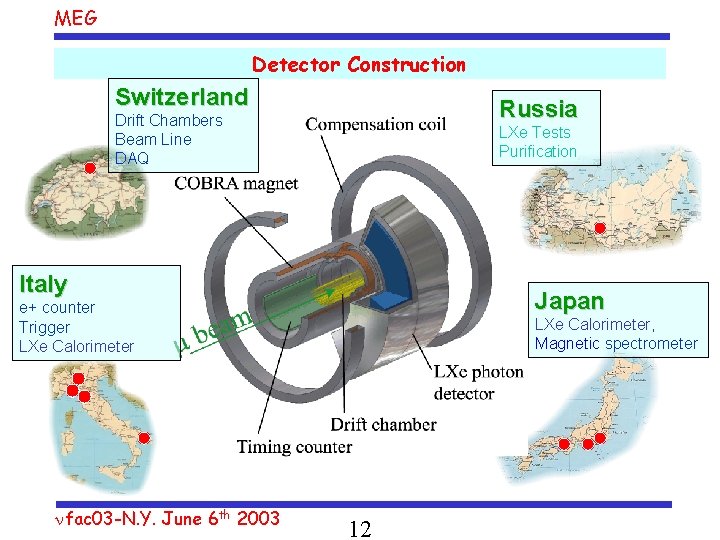 MEG Detector Construction Switzerland Russia Drift Chambers Beam Line DAQ LXe Tests Purification Italy