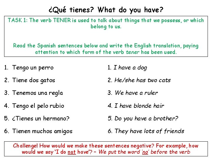 ¿Qué tienes? What do you have? TASK 1: The verb TENER is used to