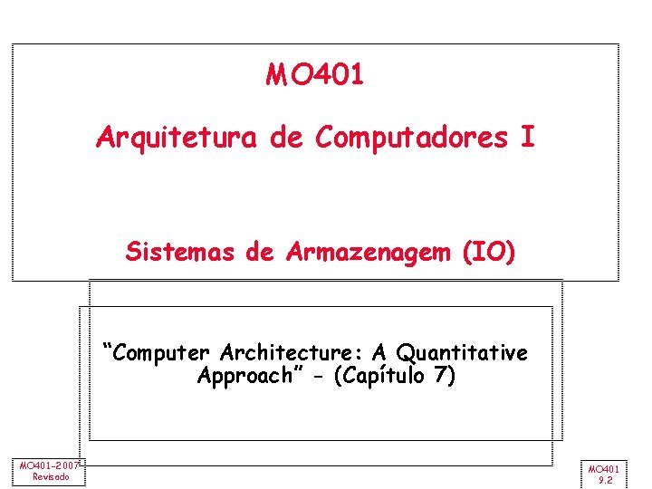 MO 401 Arquitetura de Computadores I Sistemas de Armazenagem (IO) “Computer Architecture: A Quantitative