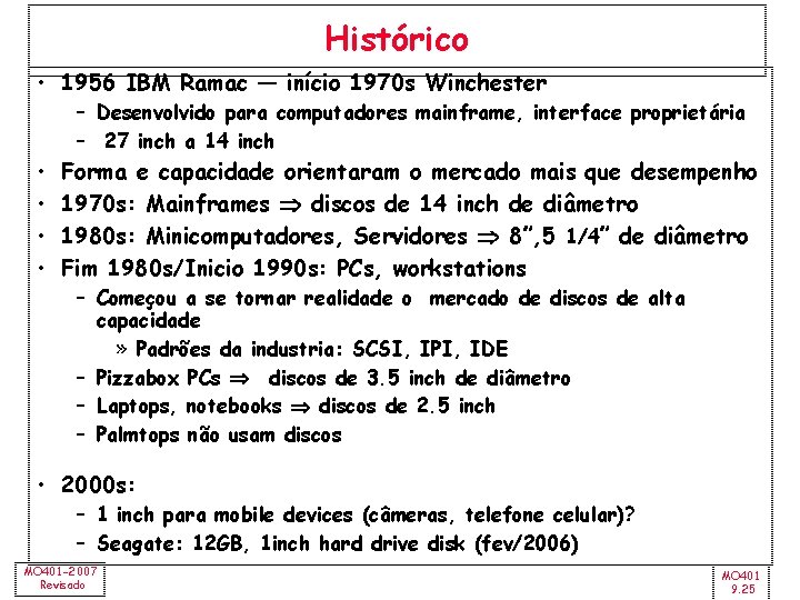 Histórico • 1956 IBM Ramac — início 1970 s Winchester – Desenvolvido para computadores