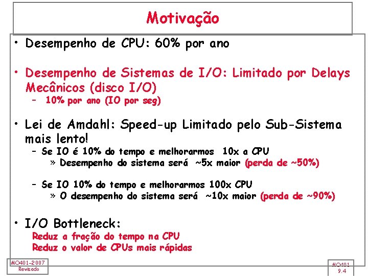 Motivação • Desempenho de CPU: 60% por ano • Desempenho de Sistemas de I/O: