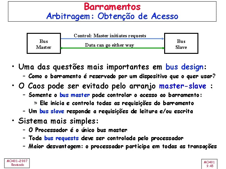 Barramentos Arbitragem: Obtenção de Acesso Control: Master initiates requests Bus Master Data can go