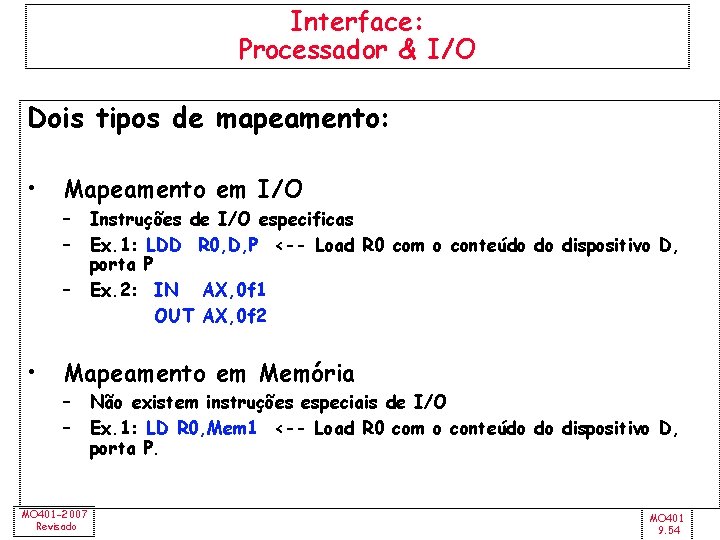 Interface: Processador & I/O Dois tipos de mapeamento: • Mapeamento em I/O – –