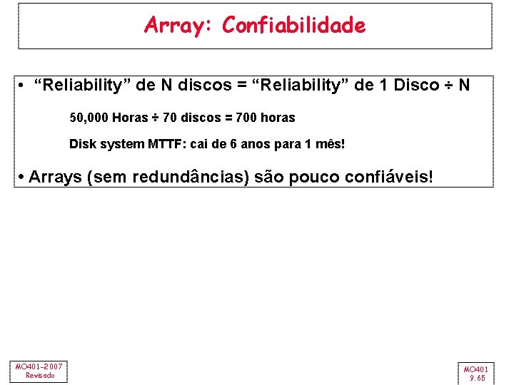 Array: Confiabilidade • “Reliability” de N discos = “Reliability” de 1 Disco ÷ N