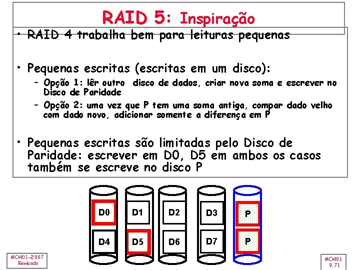 RAID 5: Inspiração • RAID 4 trabalha bem para leituras pequenas • Pequenas escritas