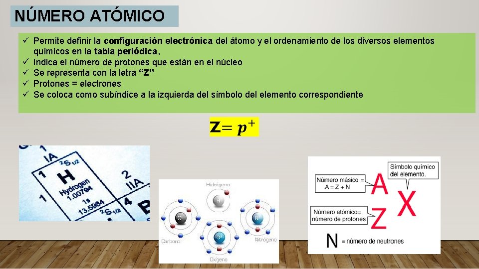 NÚMERO ATÓMICO ü Permite definir la configuración electrónica del átomo y el ordenamiento de NÚMERO ATÓMICO ü Permite definir la configuración electrónica del átomo y el ordenamiento de