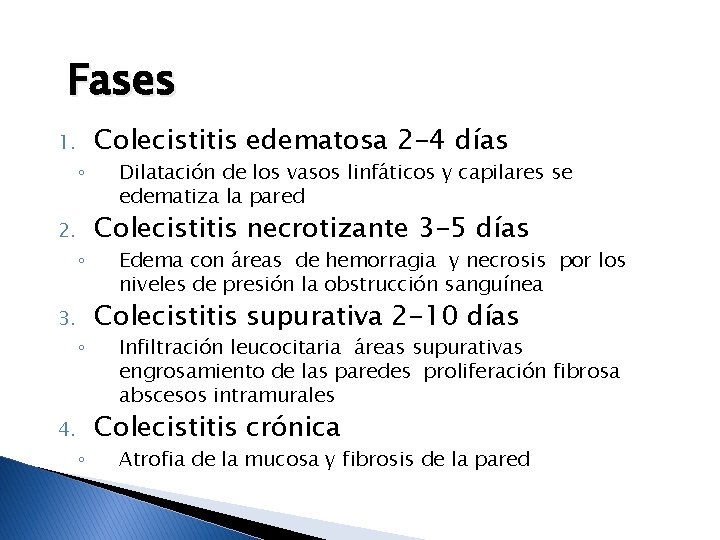 Fases 1. ◦ 2. ◦ 3. ◦ 4. ◦ Colecistitis edematosa 2 -4 días