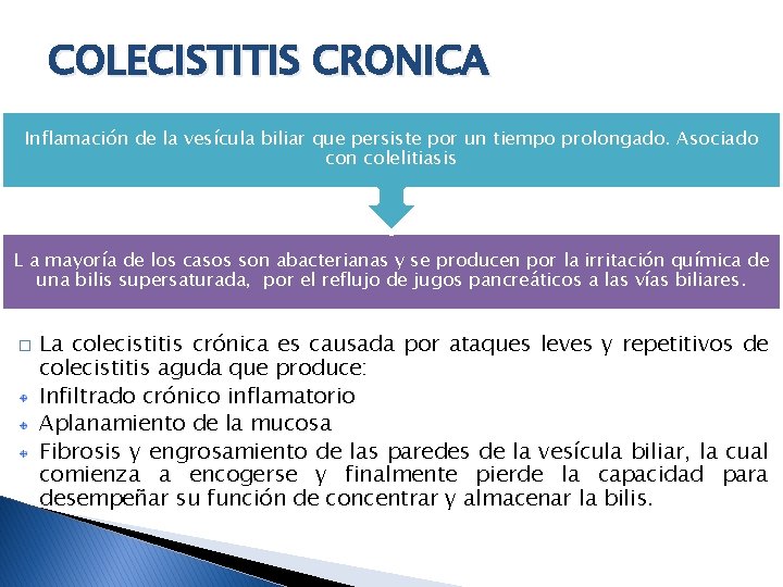 COLECISTITIS CRONICA Inflamación de la vesícula biliar que persiste por un tiempo prolongado. Asociado