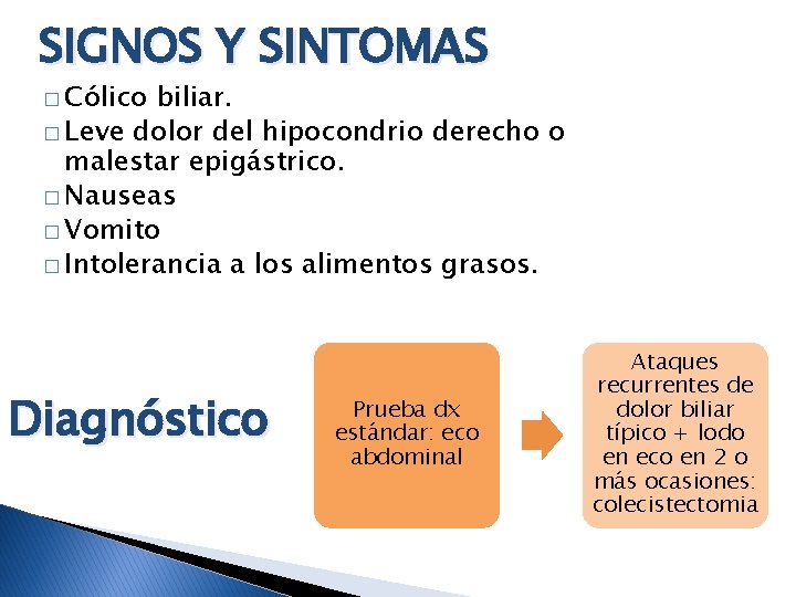 SIGNOS Y SINTOMAS � Cólico biliar. � Leve dolor del hipocondrio derecho o malestar