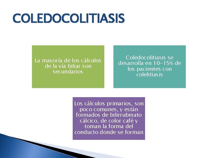 COLEDOCOLITIASIS La mayoría de los cálculos de la vía biliar son secundarios Coledocolitiasis se