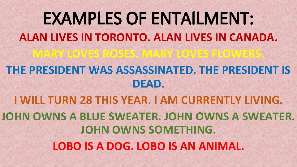 EXAMPLES OF ENTAILMENT: ALAN LIVES IN TORONTO. ALAN LIVES IN CANADA. MARY LOVES ROSES.