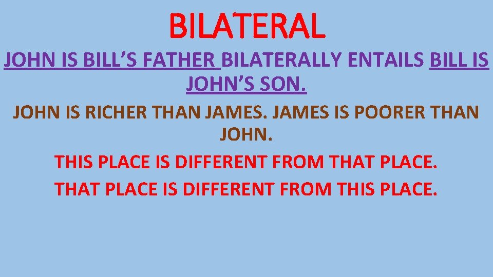 BILATERAL JOHN IS BILL’S FATHER BILATERALLY ENTAILS BILL IS JOHN’S SON. JOHN IS RICHER