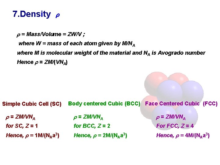 7. Density = Mass/Volume = ZW/V ; where W = mass of each atom