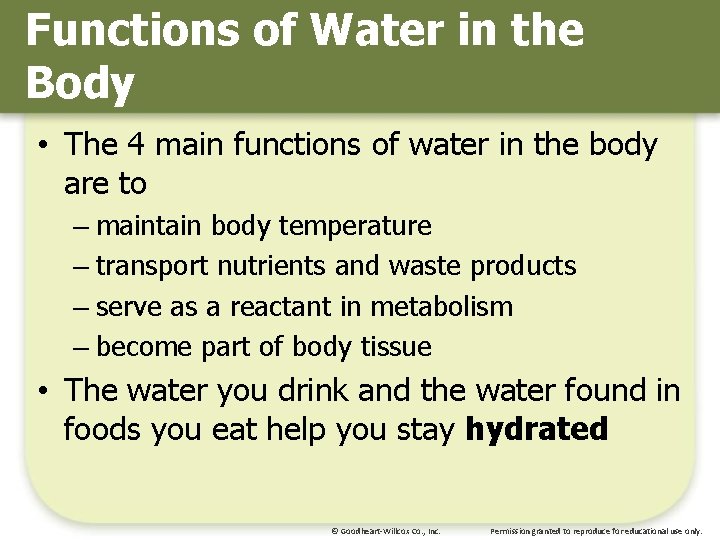 Functions of Water in the Body • The 4 main functions of water in