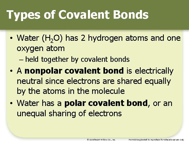 Types of Covalent Bonds • Water (H 2 O) has 2 hydrogen atoms and