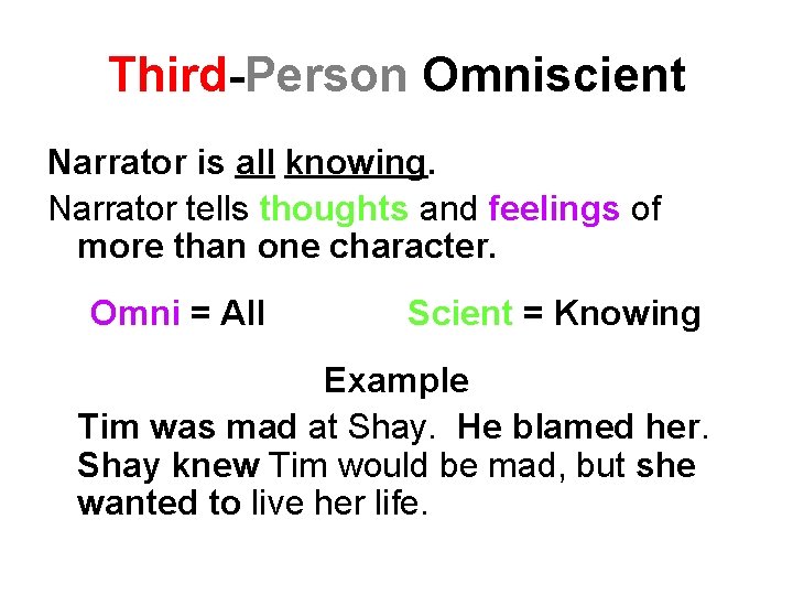 Third-Person Omniscient Narrator is all knowing. Narrator tells thoughts and feelings of more than
