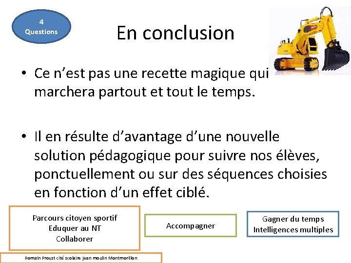 4 Questions En conclusion • Ce n’est pas une recette magique qui marchera partout