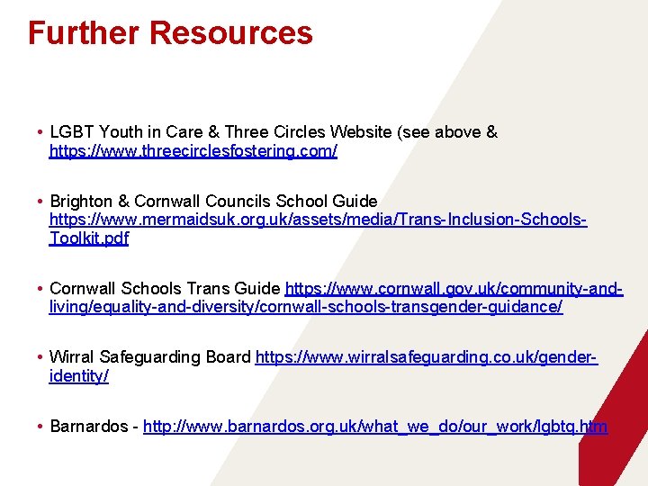 Further Resources • LGBT Youth in Care & Three Circles Website (see above &
