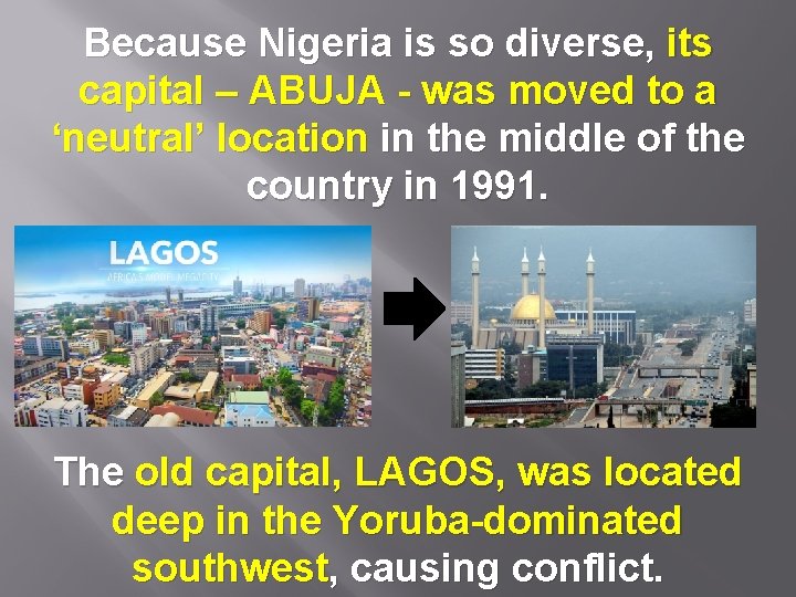 Because Nigeria is so diverse, its capital – ABUJA - was moved to a